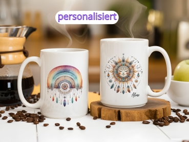 Preview: Boho-Tasse mit Regenbogen- und Sonnengesicht – Personalisiert Preview: Boho-Tasse mit Regenbogen- und Sonnengesicht – Personalisiert